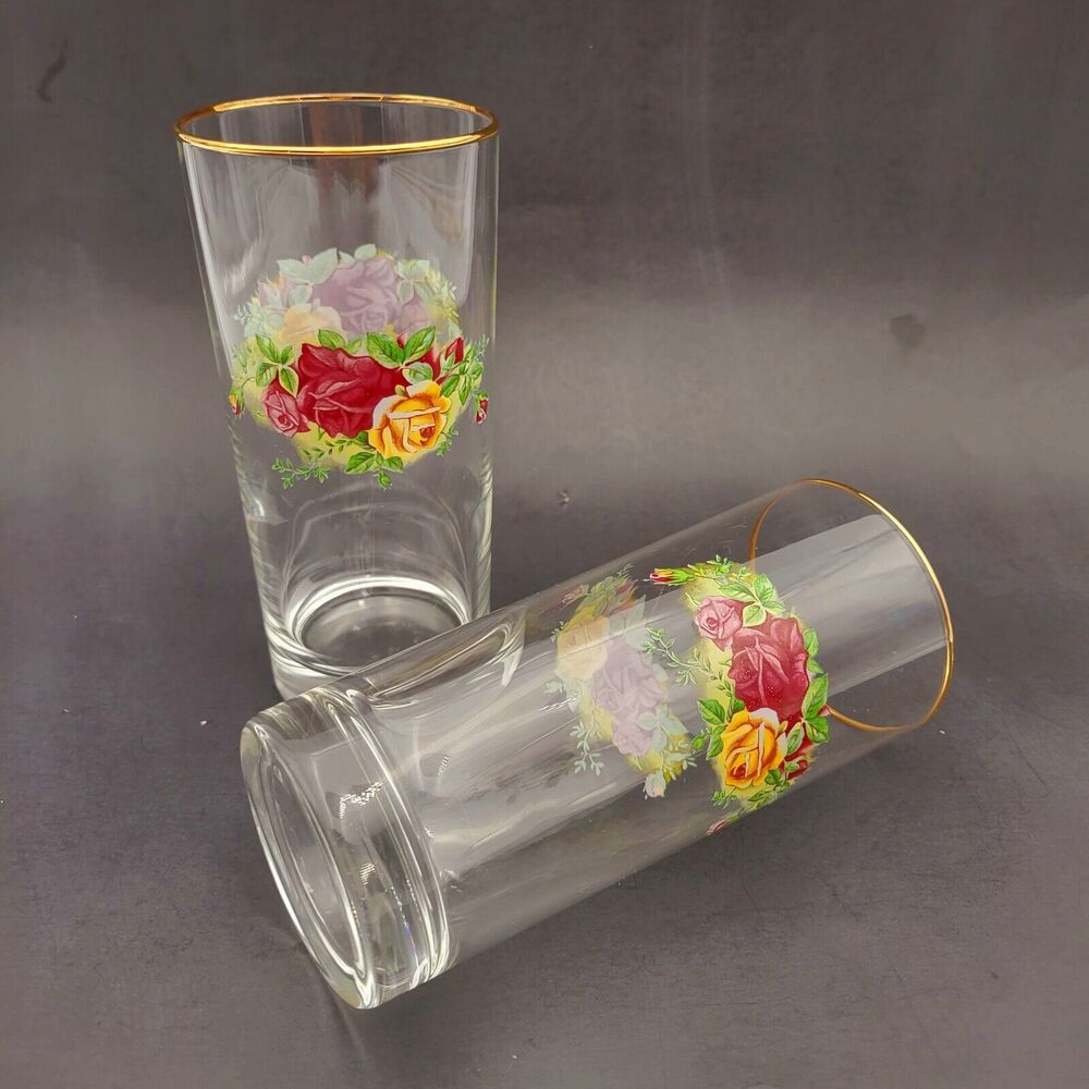 Set Of 2 Royal Albert Old Country Roses Highball Glasses Vintage